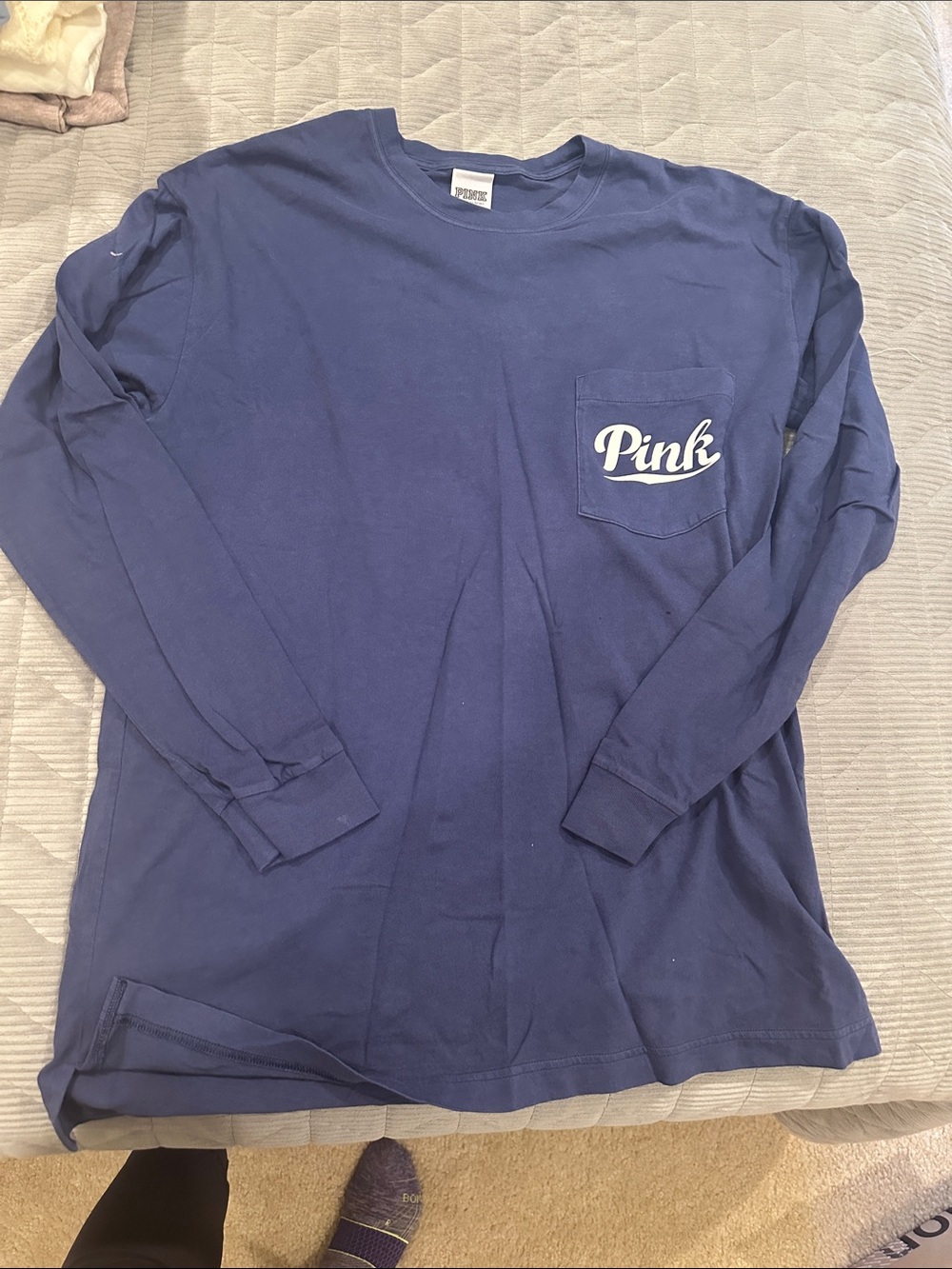 PINK Victoria's Secret Navy Long Sleeve Pocket Tee with Script Logo